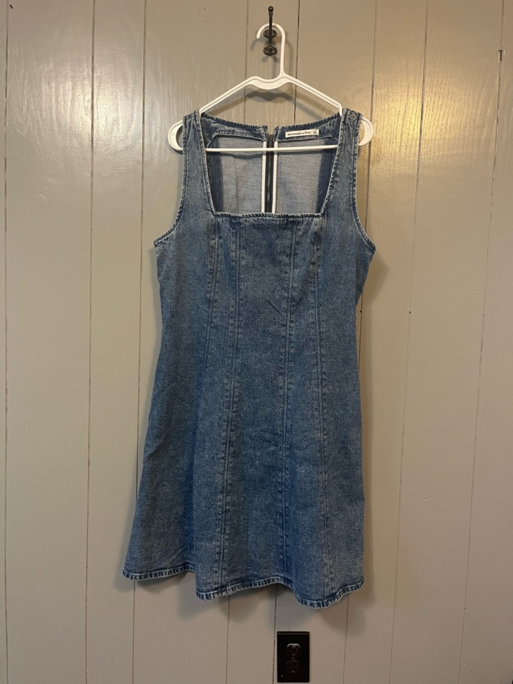Abercrombie & Fitch Y2K Denim A-Line Sleeveless Dress Blue Zip Short Size L Tall